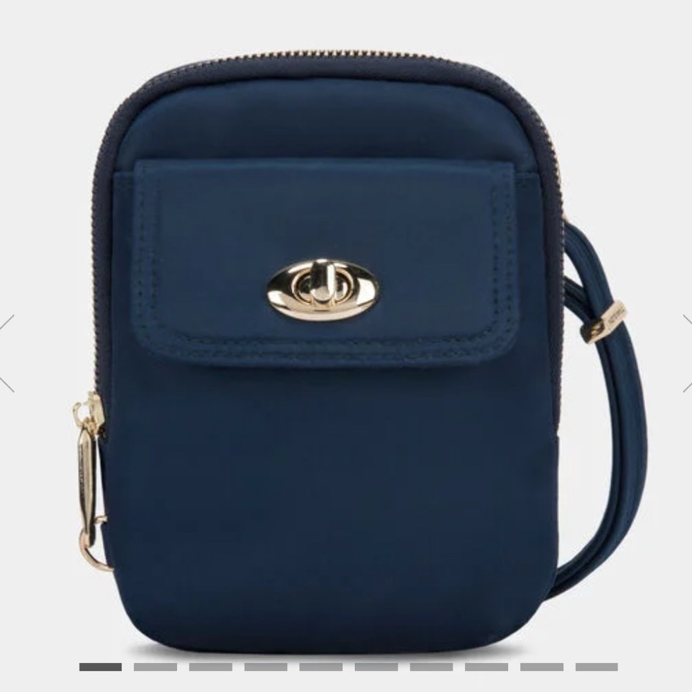 Travelon Anti-Theft Tailored Crossbody Phone Pouch - Sapphire, gold accents